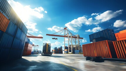 Leinwandbilder - Container industrial yard shipping Export Logistic Crane Forklift Port Blue Sky Background Space Road Import Business Freight Logistic Transport Industry Service Airplane Container Shi : Generative AI
