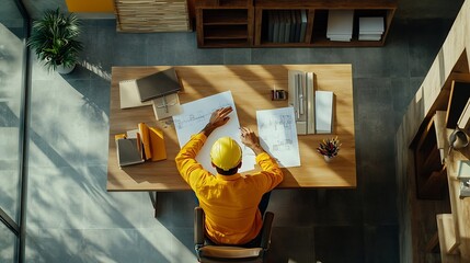 Aufkleber - Top view of skilled civil engineer sitting and writing idea while looking at house model Aerial view of architect or designer planning and thinking about creative building construction : Generative AI