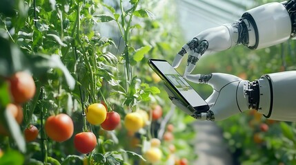 Poster - AI Farmer use smartphone and robotics assistant Pollinate of fruits and vegetables Detection spray chemical Leaf analysis and foliar fertilization Science Agriculture farming technolog : Generative AI
