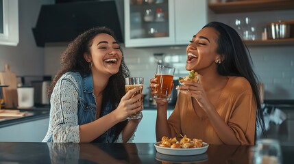 Two friends cheering with drinks and eating snacks in a modern kitchen highlighting a moment of celebration and joy : Generative AI