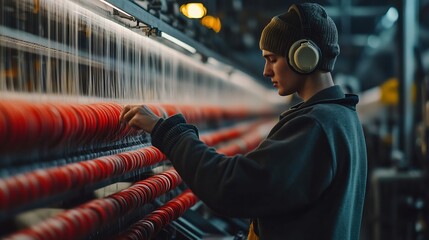 Aufkleber - Textile industry Factory worker with earmuffs standing by large industrial knitting machine and checking threads : Generative AI
