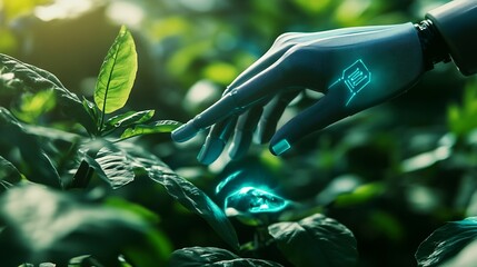 Aufkleber - smart agriculture futuristic industry 40 technology concept cyborg hand put to touch hand with green leaves with hud technology including artificial intelligence 5g to analysis data of : Generative AI