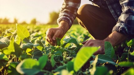 Aufkleber - A farmer inspects a green soybean field The concept of the harvest : Generative AI