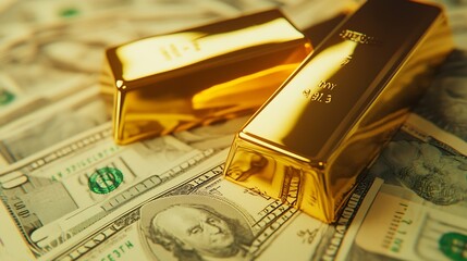 Leinwandbilder - gold bars reflection on dollar bills background The concept of finance wealth and rich : Generative AI