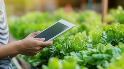 Poster - Smart Automation AI farming argriculture conceptMan hands holding tablet on blurred organic hydroponic vegetable garden as background : Generative AI