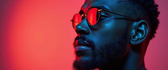 Man in Red and Blue Light, Sunglasses,  Profile, Portrait.