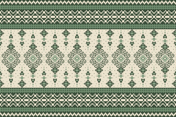 Wall Mural - Cross Stitch pattern with Floral Designs. Traditional cross stitch needlework. Geometric Ethnic pattern, Embroidery, Textile ornamentation, fabric, Hand stitched pattern, Cultural stitching pixel art.