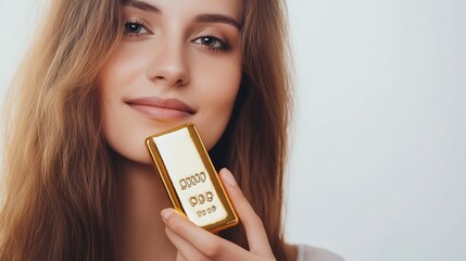 Woman holding gold bar on white background closeup : Generative AI