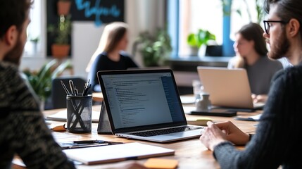 Several individuals sitting around a table focused on their laptops engaged in work or collaboration : Generative AI