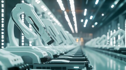 Poster - Row of White Robotic Arms at Modern Factory LithiumIon EV Battery Pack Production at Automated Assembly Line at Bright Factory Equipped With Industrial Robot Arms Electric Car Manufact : Generative AI
