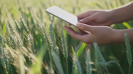 Fototapete - Closeup of the hands of a young farmer with a digital tablet checking the quality of wheat growth in a green field Bountiful harvest Farm concept : Generative AI