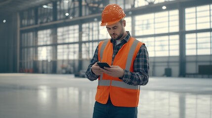 Man builder Architect of industrial buildings Construction engineer stands in empty hangar Architect uses internet on his phone Builder of industrial buildings Man engineer in work uni : Generative AI