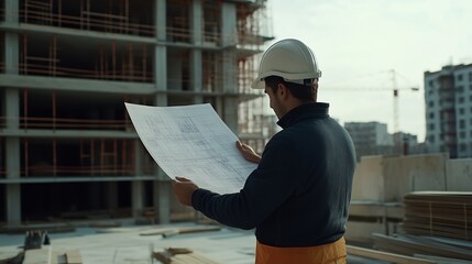 Poster - Architect man checking about the building plan and see how the construction progressive at the construction site : Generative AI