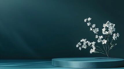 Aufkleber - Podium stand showcase and delicate white flowers on dark teal background Scene to show cosmetic products Mock up Trendy color 2023 : Generative AI