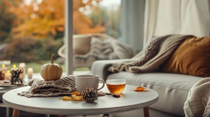 Wall Mural - Autumnal living room scene with tea and decor for home comfort