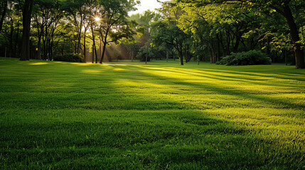 green lawn with a tree in the morning with sunlight