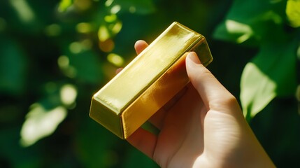 Woman hand hold the gold bar on natural green background investment and business concept : Generative AI