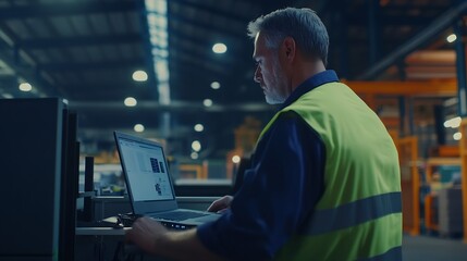 Leinwandbilder - Industrial Engineer Working at a Technology Factory Middle Aged Male Using Laptop Computer at Work Browsing Electronics Information Online Mans Back in Safety Vest Turned to Camera : Generative AI