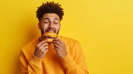 Wall Mural - Close up cropped young man wear orange sweatshirt casual clothes holding eating biting burger isolated on plain yellow background studio Proper nutrition healthy fast food unhealthy ch : Generative AI