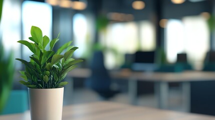 Aufkleber - Modern open space business office interior without people with blurred bokeh light background tables chairs computers  copy space green office concept : Generative AI