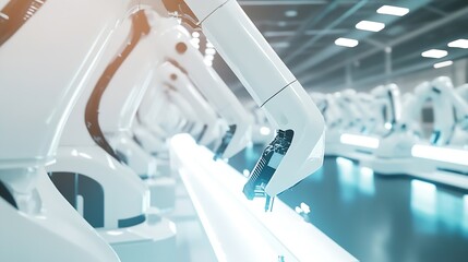 Poster - Row of White Robotic Arms at Automated Production Line at Bright Modern Factory Industrial Robot Arms Assemble LithiumIon EV Battery Pack  Electric Car Manufacturing Inside Automotive  : Generative AI