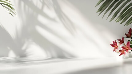Poster - White table and abstract geometric wall background with flowers and palm leaves shadows overlay Abstract gray studio background for product presentation 3d room with copy space Summer  : Generative AI