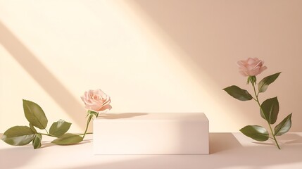 Aufkleber - Abstract minimal nature scene  empty stage and square podium on beige background and soft shadows of rose flowers and leaves Pedestal for cosmetic product and packaging mockups display : Generative AI