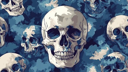 Artistic Pattern of Skulls Against a Blue Background