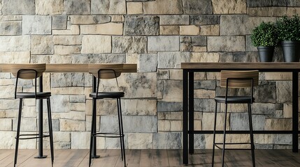 Aufkleber - Seating area with bar tables and bar chairs in a modern cafe industrial style with stone wall wood and black steel : Generative AI