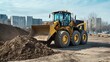 © The Little Hut - A heavy loader is moving a large amount of dirt at a construction site in an urban area on a clear day : Generative AI