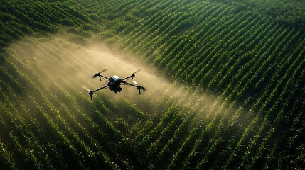 Aufkleber - Agriculture drone fly to sprayed fertilizer on the sweet corn fields smart farmer use drone for various fields like research analysis terrain scanning technology smart technology conce : Generative AI