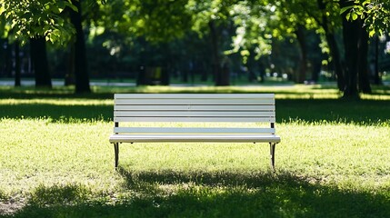 White bench in the park on the background of a green lawn front view : Generative AI