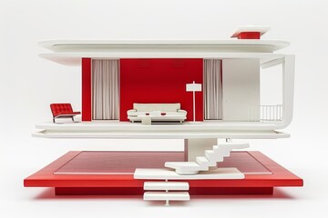 Vibrant and spacious interior with modern furniture and bright red accents reflecting a lively and creative living space