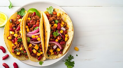 Tacos with ground beef sweet corn red beans tomato salsa sauce and red onion in corn tortillas on plate Mexican cuisine Taco party menu White table background top view : Generative AI