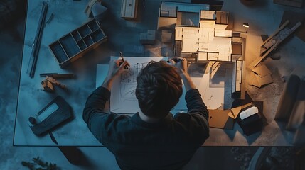 Aufkleber - Top view of skilled civil engineer sitting and writing idea while looking at house model Aerial view of architect or designer planning and thinking about creative building construction : Generative AI