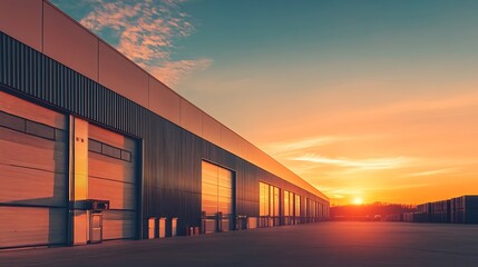 Aufkleber - Modern Industrial Warehouse at Sunset with Clear Sky : Generative AI