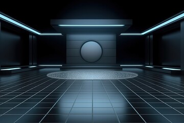 Futuristic dark room with a circular platform and glowing blue lines.