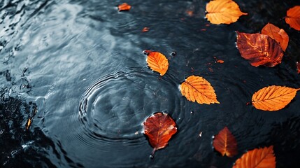 Autumn leaves in water with ripple copyspace Vertical background for social media stories Abstract moody Fall background wallpaper grey red and orange : Generative AI