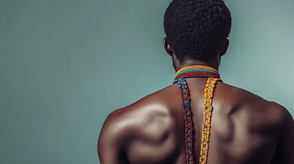 Black man with his back turned with a colorful Umbanda and Candombl religious necklace AfroBrazilian religion African religion Ax Orix Orixs : Generative AI