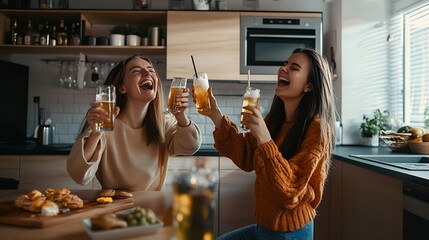 Two friends cheering with drinks and eating snacks in a modern kitchen highlighting a moment of celebration and joy : Generative AI