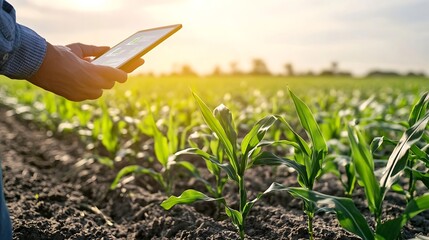 Fototapete - Smart Farming with IoT Growing Corn Seedlings with Infographics Smart Farming and Precision Agriculture 40 farmer hand holding tablet in corn field : Generative AI