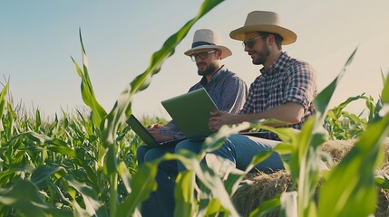 Poster - Two smart farmers using laptop to examining quantity and quality crop of corn vegetables while working and planning system control with technology at agricultural field : Generative AI