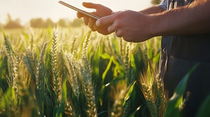 Aufkleber - Closeup of the hands of a young farmer with a digital tablet checking the quality of wheat growth in a green field Bountiful harvest Farm concept : Generative AI