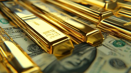 Leinwandbilder - gold bars reflection on dollar bills background The concept of finance wealth and rich : Generative AI