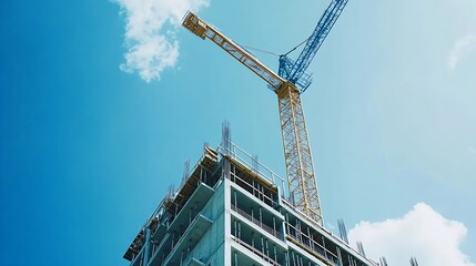 A crane and a building under construction against a blue sky background Builders work on large construction sites and there are many cranes working in the field of new construction : Generative AI