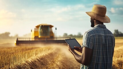 Fototapete - African Farmer holding tablet for combine harvester guidance and control on a background of combine harvesterSmart Farming Agriculture or Cultivation concept : Generative AI