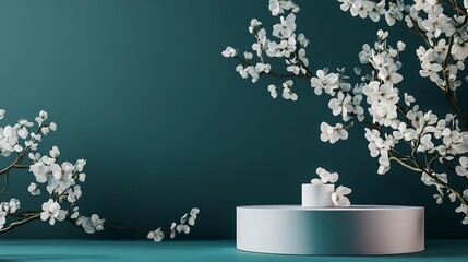 Aufkleber - Podium stand showcase and delicate white flowers on dark teal background Scene to show cosmetic products Mock up Trendy color 2023 : Generative AI