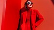 © The Little Hut - Fashion woman in trendy red outfit Total red look sunglasses red coat poloneck pants : Generative AI