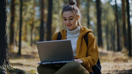 Digital nomad traveler people concept work lifestyle Alternative outside office in the nature Pretty woman in smart working on laptop sitting inthe woods Female people enjoying online  : Generative AI