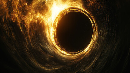 a black hole, with golden light and energy flowing out of it,